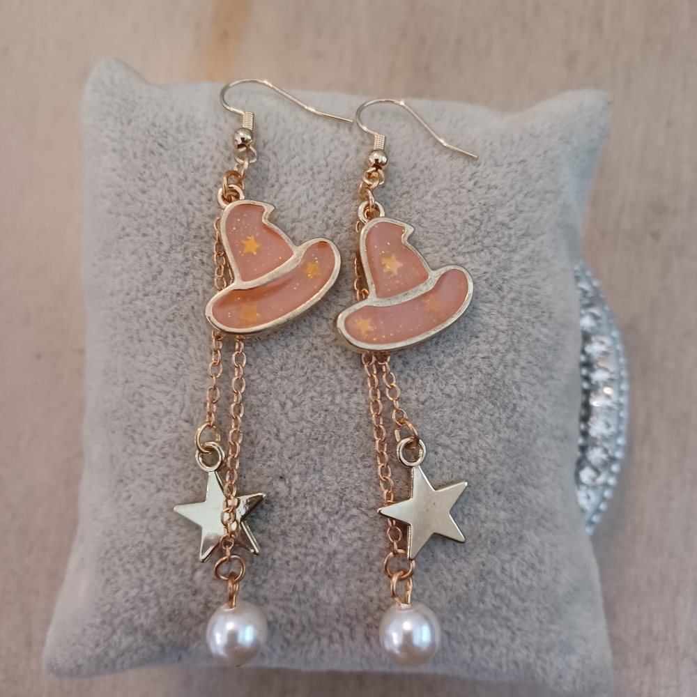 Pink Witch Hat Chains Stars Pearls Dangle Drop Earrings